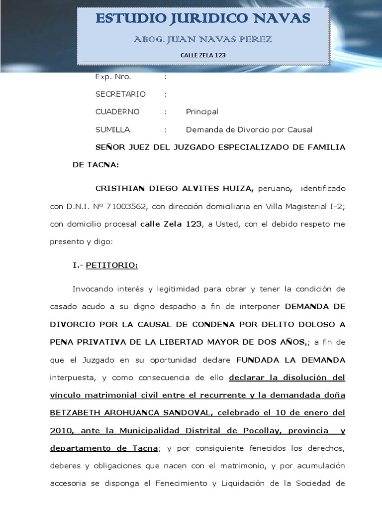 Demanda de Divorcio Por Causal | Divorcio | Demanda judicial