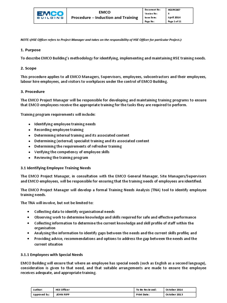 SHE Induction and Training Procedure PDF Occupational Safety And