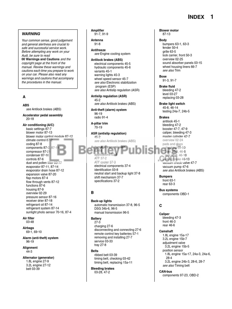 Audi TT 2000-2006 Repair Manual - Complete Index | PDF