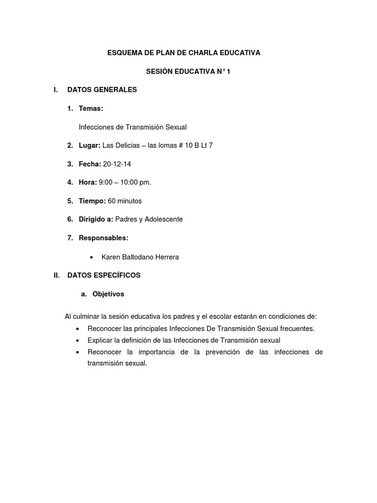 Esquema de Plan de Charla Educativa | PDF | Infección transmitida ...