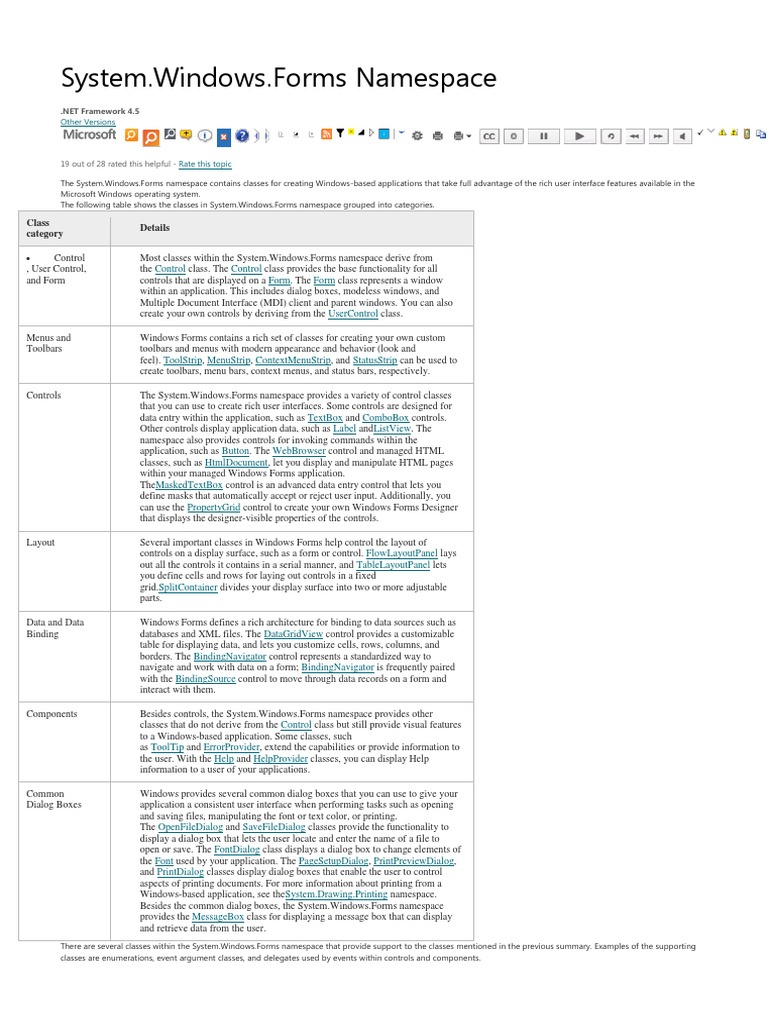System Windows.Forms Namespace Class Category Details Download