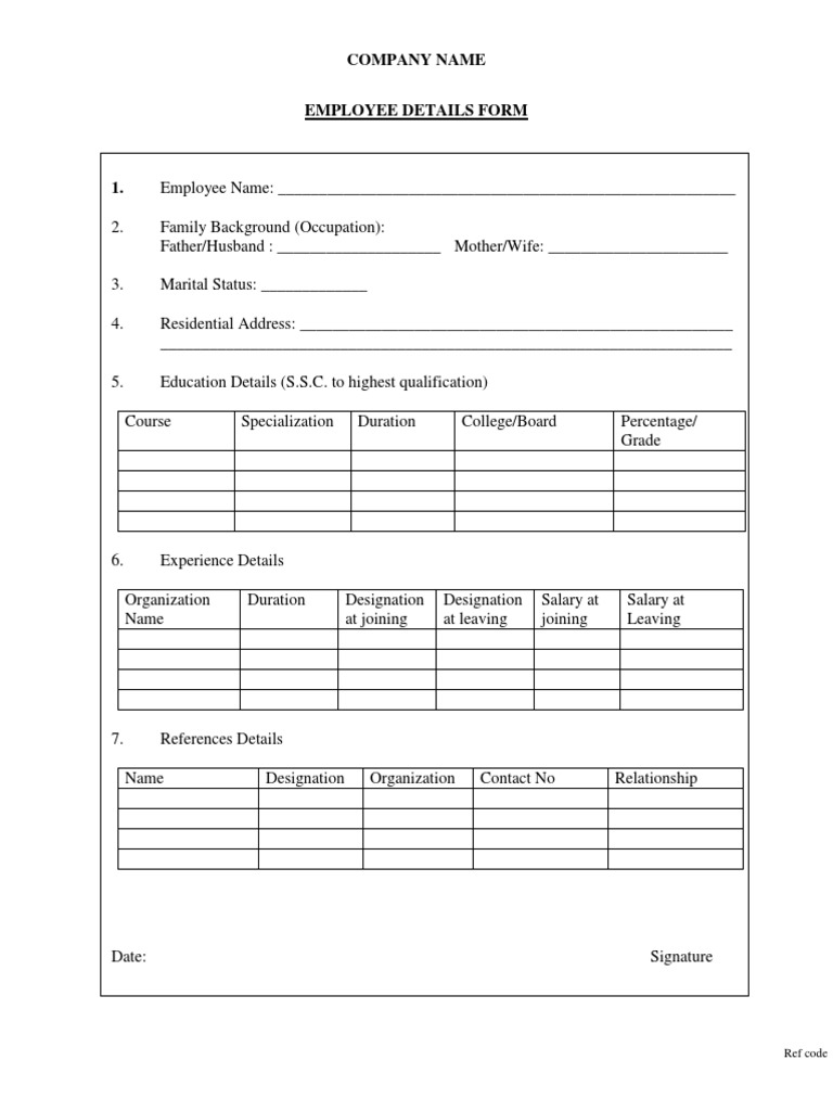 Employee Details Form Template | PDF