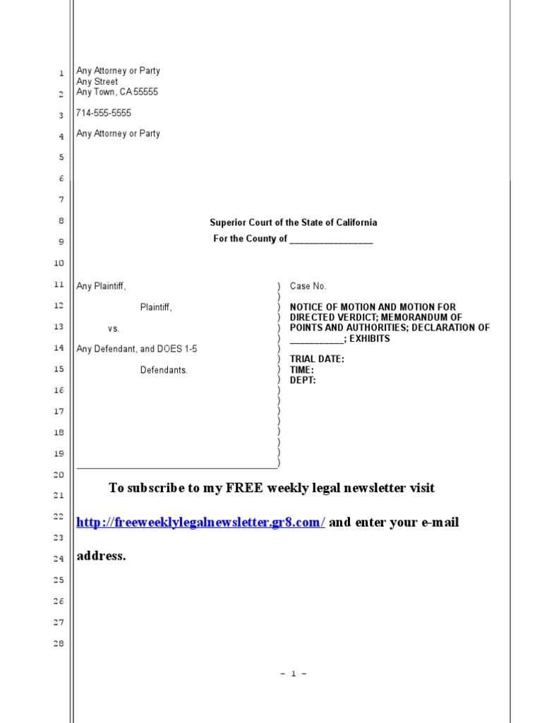 Sample Motion For Directed Verdict For California Eviction PDF