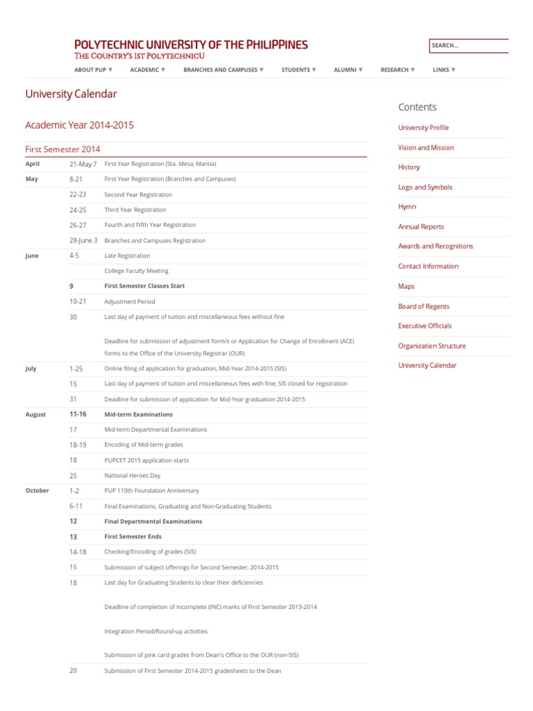 PUP Calendar AY 20142015 Academic Term Educational Institutions