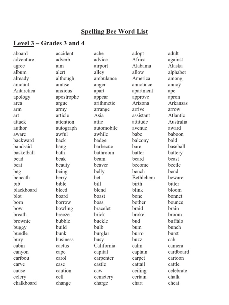 Spelling Bee Word List Level 3 – Grades 3 and 4 | Nature