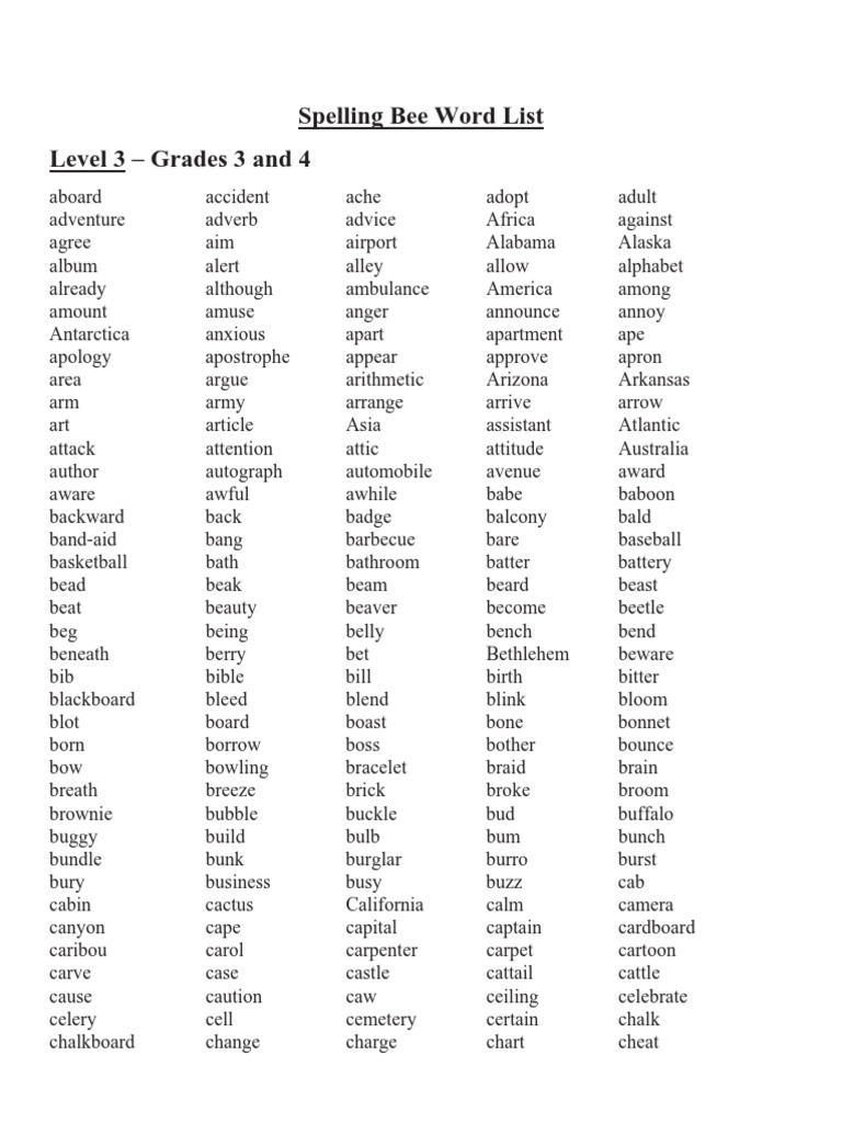 Spelling Bee Word List Level 3 Grades 3 and 4 Nature