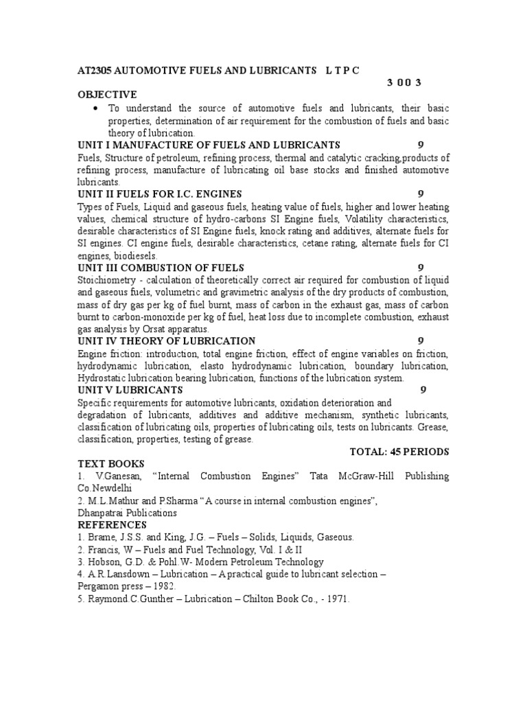 Fuels and Lubricants Notes PDF Combustion Cracking (Chemistry)