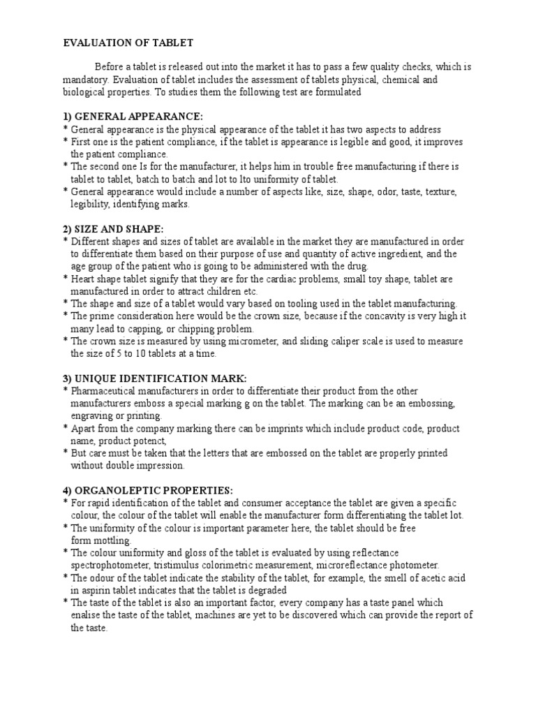 Tablet Evaluation and Quality Assessment | PDF | Tablet (Pharmacy ...