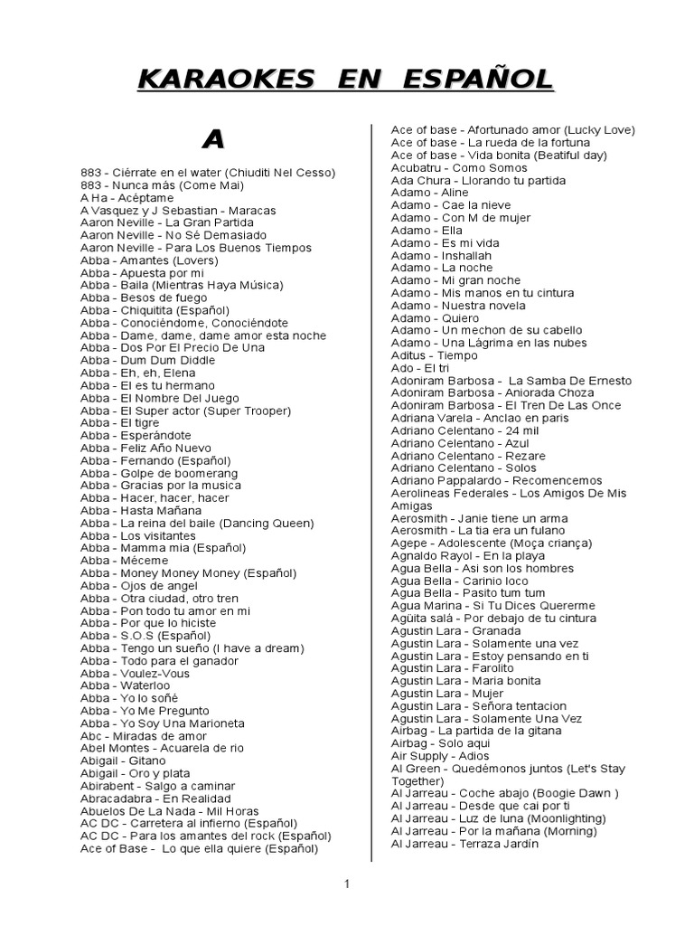 Lista de Karaokes Musica en español Músicos