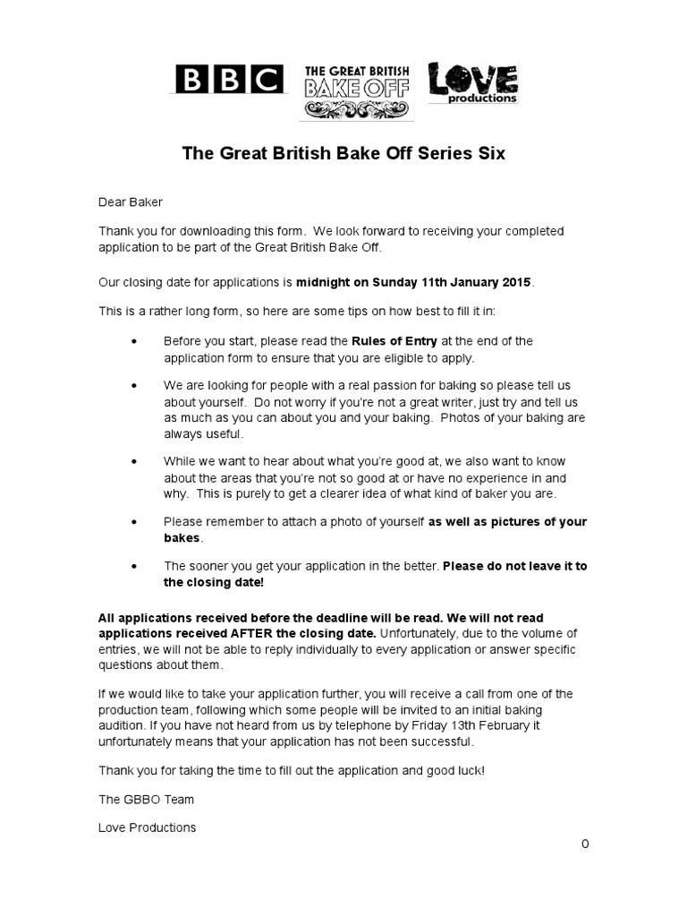 Great British Bake Off Six Application Form Baking Cakes