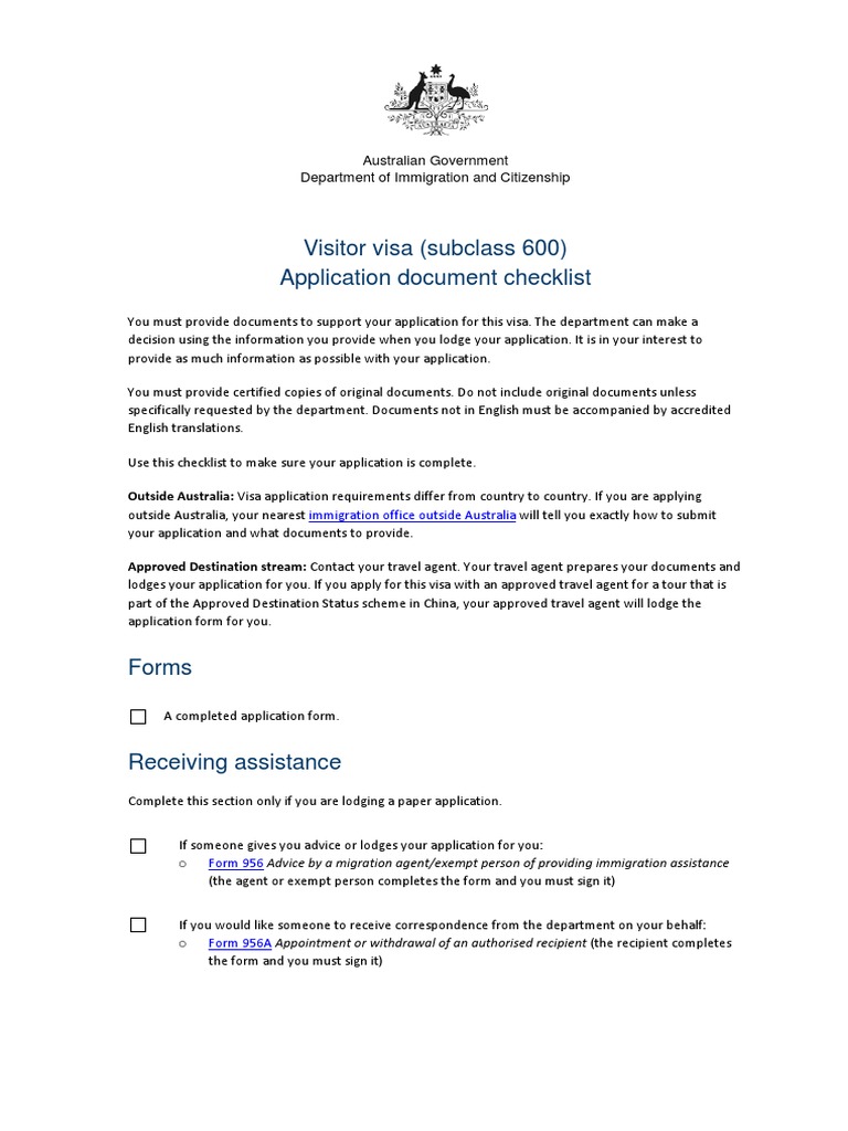 Visitor Visa (Subclass 600) Application Document Checklist | PDF