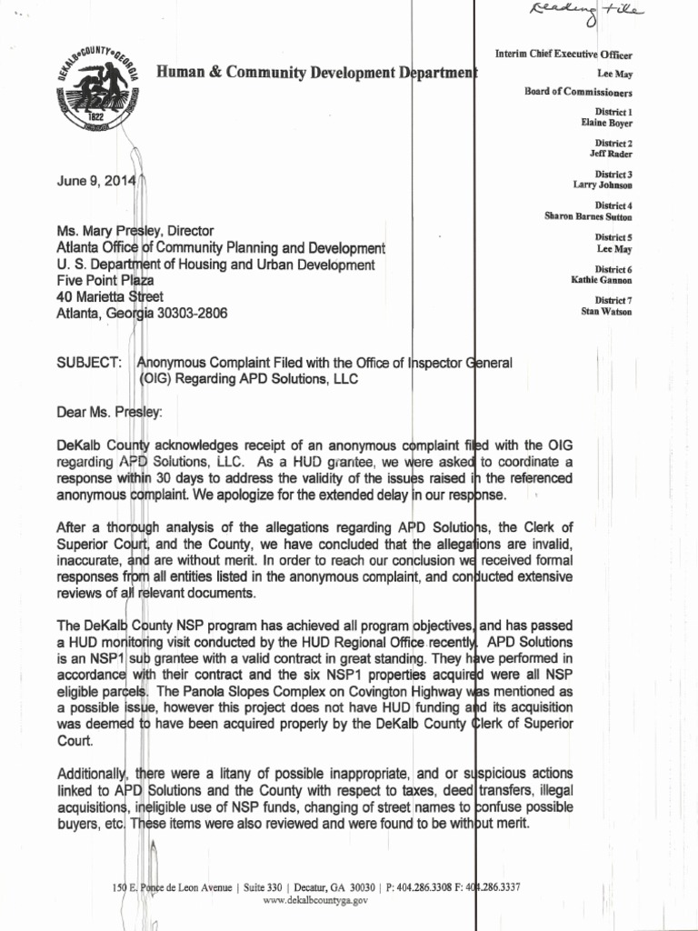 Anonymous Complaint Filed With The Office of Inspector General (OIG