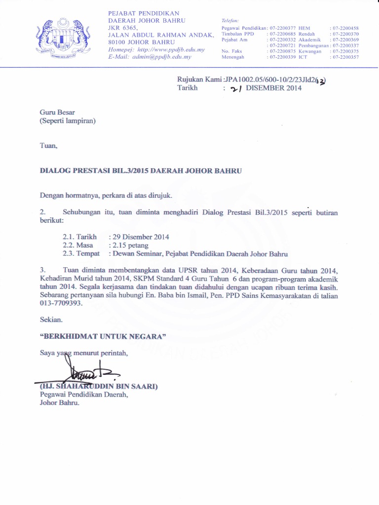 Surat Panggilan Dialog Prestasi Bil3 2015