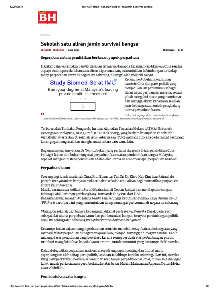 Berita Harian Sekolah Satu Aliran Jamin Survival Bangsa Pdf Pdf