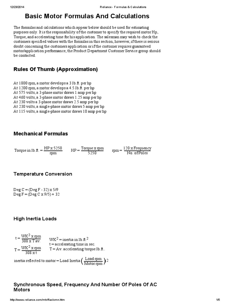 Motor Formulas and Calculations Guide | PDF | Horsepower | Power (Physics)