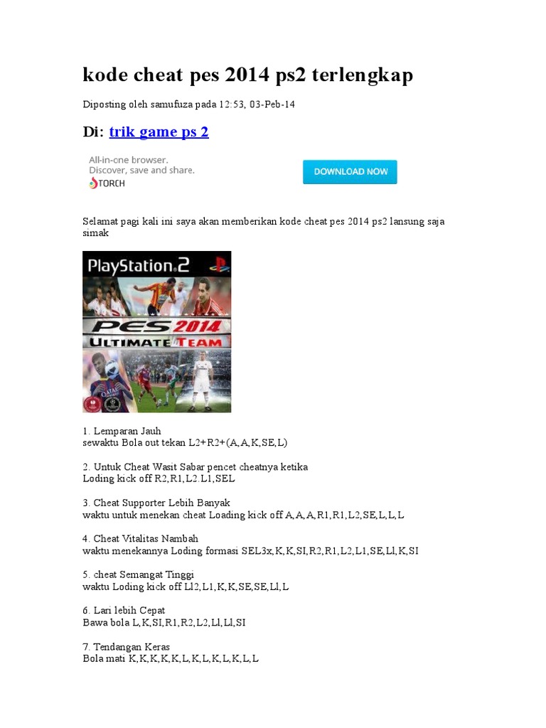 Kode Cheat Pes 2014 Ps2 Terlengkap | PDF