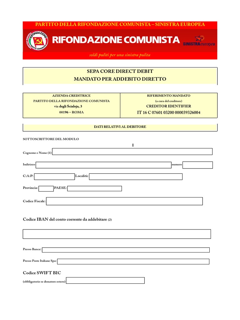 MODULO SEPA DA SCARICARE