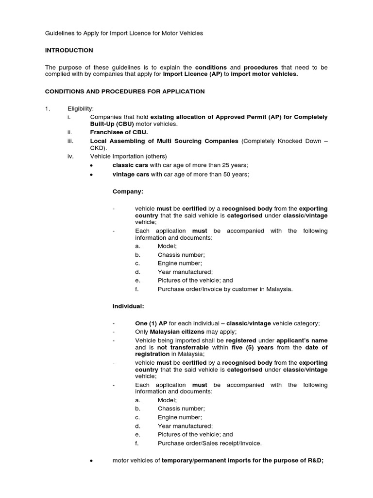 Guidelines To Apply For Import Licence For Motor Vehicles 2013 PDF ...