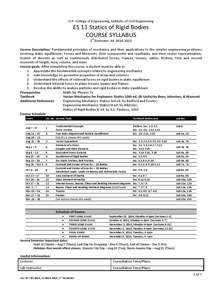 ES 11 Syllabus UP DILIMAN PDF Force Euclidean Vector