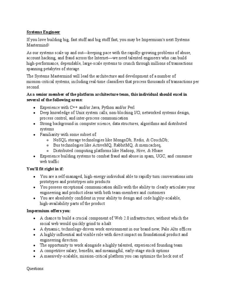 Systems Engineer Questions PDF Apache Hadoop Computing