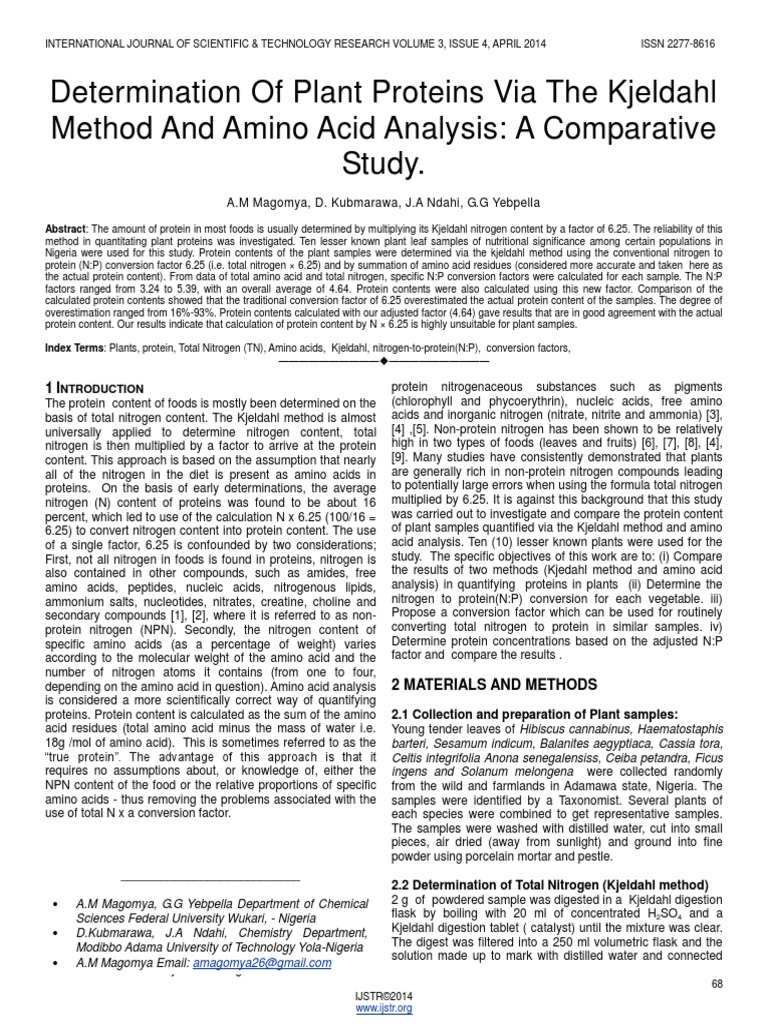 Determination of Plants Proteins Via The Kjeldahl Method and Amino Acid Analysis A Comparative