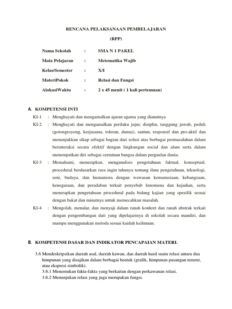 Rpp K13 Relasi Fungsi Sma Kelas X Pdf