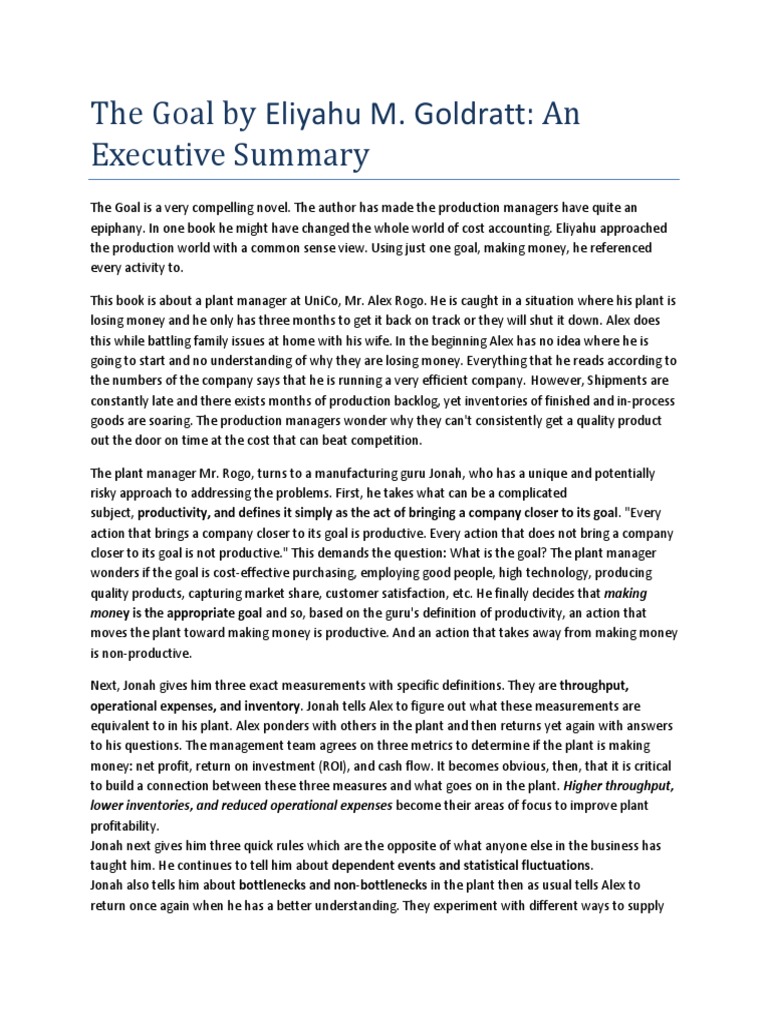 The Goal By Eliyahu M Return On Investment Inventory