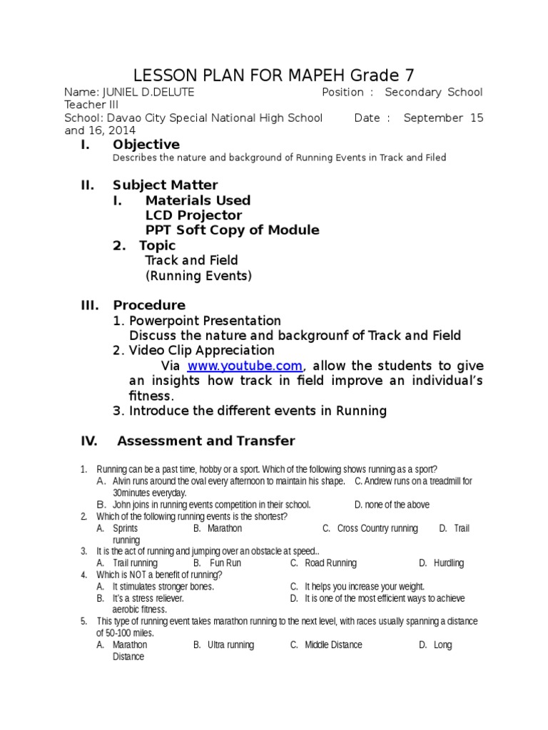 MAPEH Grade 7 Lesson Plans Overview | PDF | Malnutrition | Nutrition