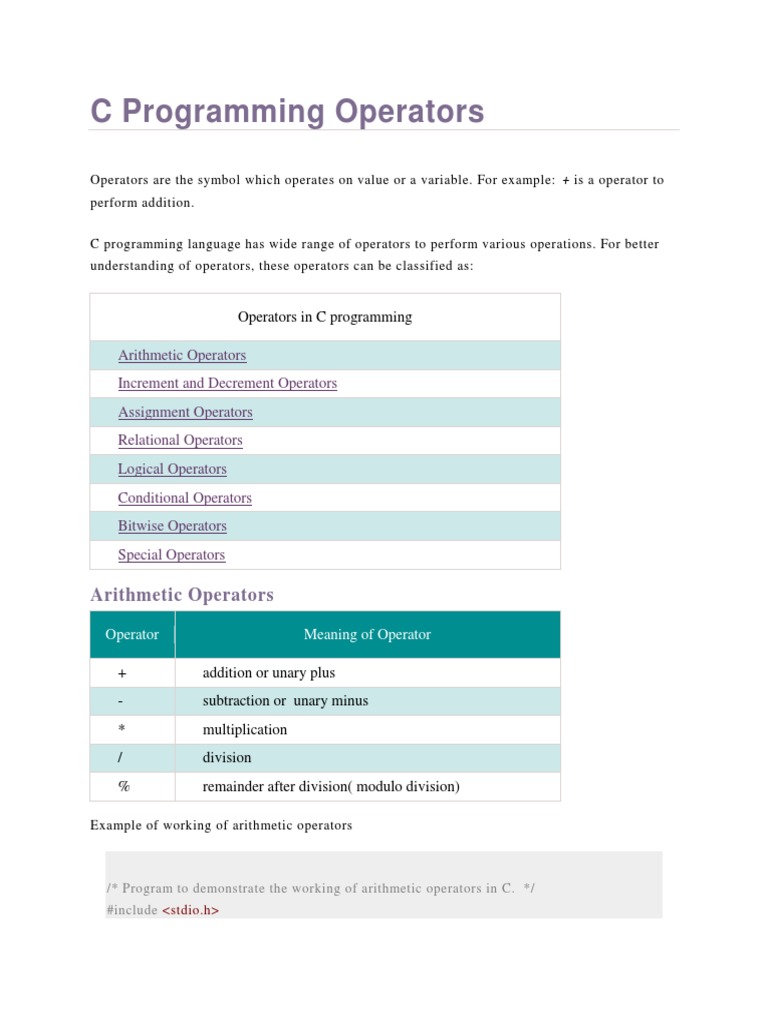 C Programming - Operators | PDF | C (Programming Language) | Software ...