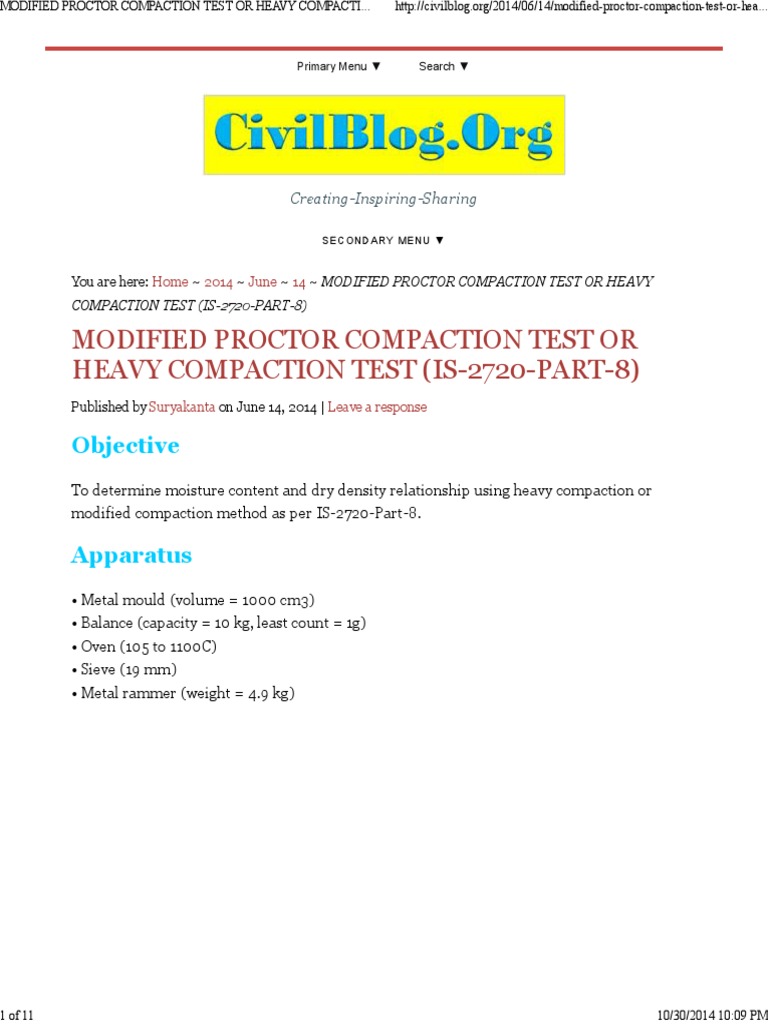Modified Proctor Compaction Test or Heavy Compaction Test (Is2720Part8) PDF