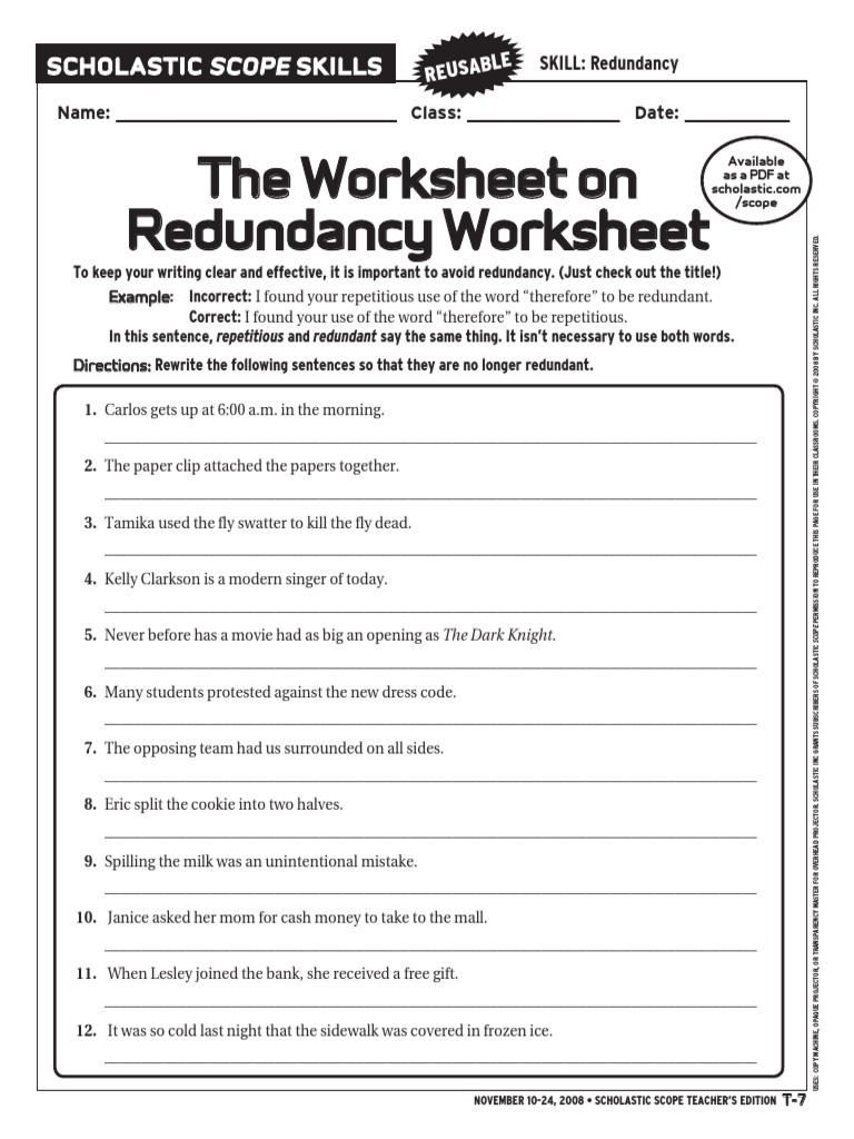 Redundant Sentences Worksheet