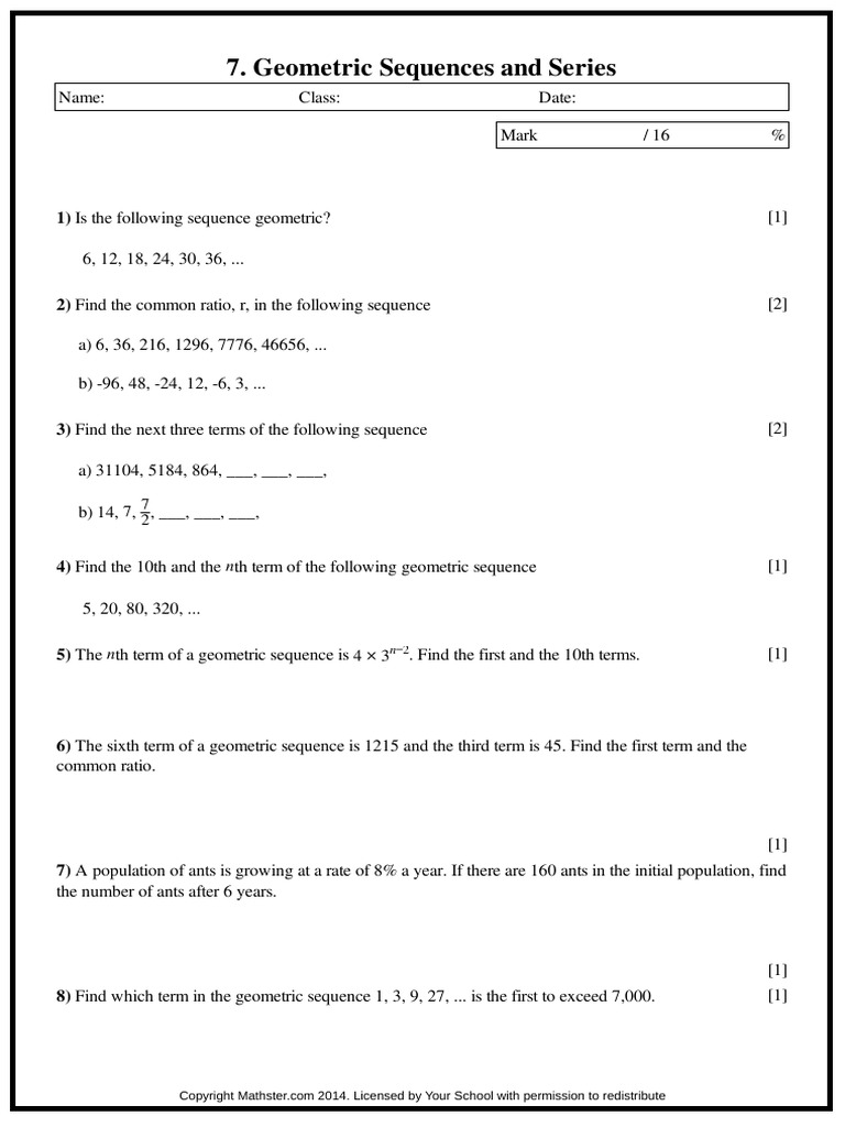 Geometric Sequences and Series IB Worksheet  PDF For Geometric Sequence Practice Worksheet