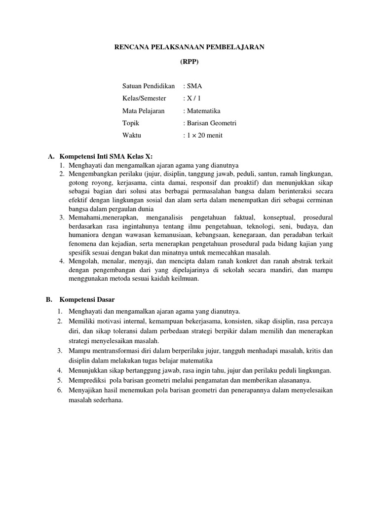 Rpp Barisan Geometri Sma Kelas X Ips