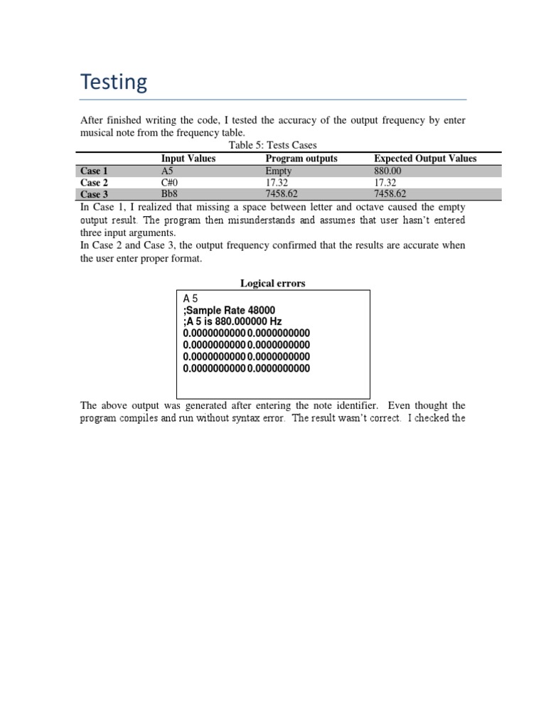 Testing: Input Values Program Outputs Expected Output Values Case 1 ...