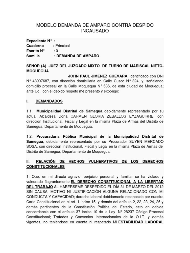 Modelo Demanda de Amparo | PDF | Derecho laboral | Demanda judicial