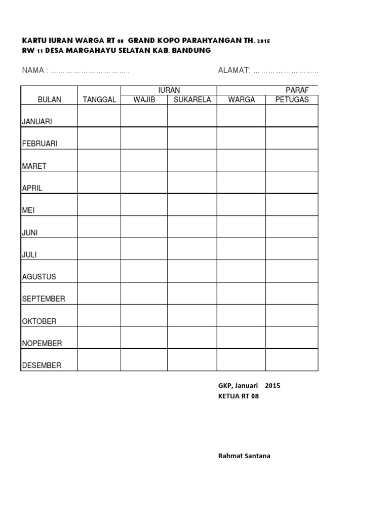 Kartu Iuran Bulanan Warga