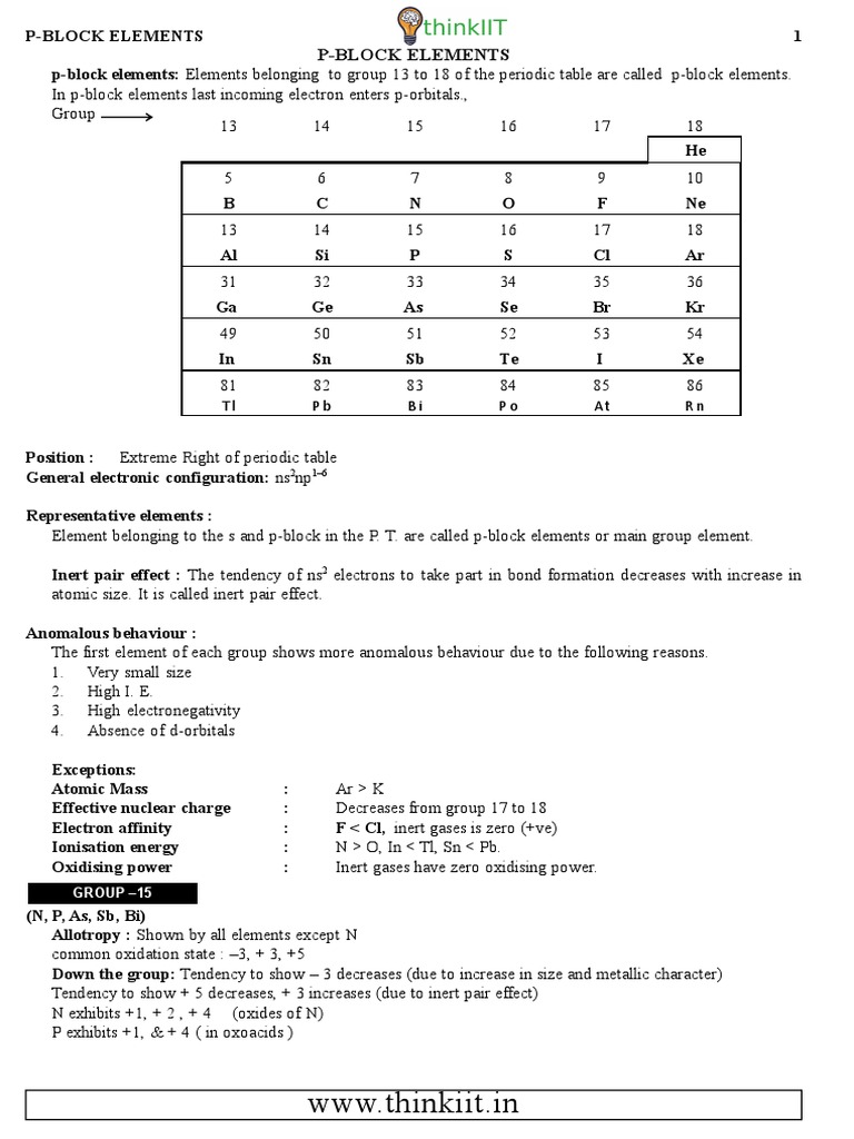 9 P Block Elements Pdf Chlorine Redox