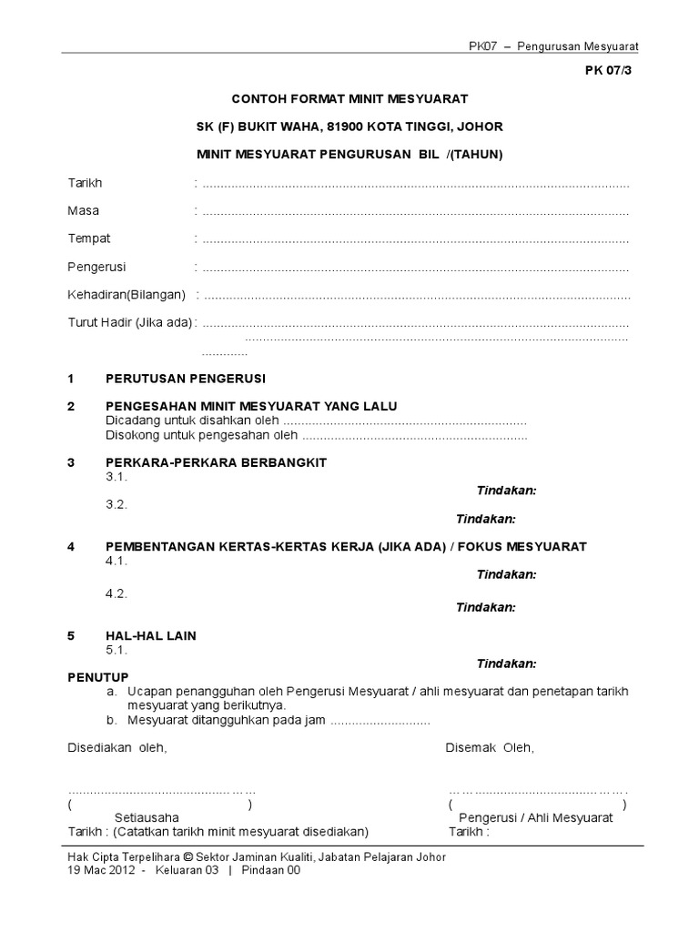 Borang Pk 07 3 Contoh Format Minit Mesyuarat Pdf