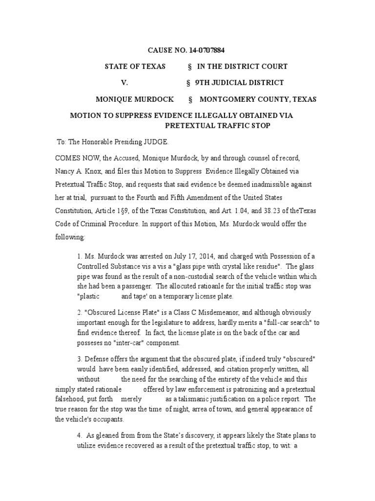 Memorandum in Support of Motion to Suppress Search And Seizure Exclusionary Rule