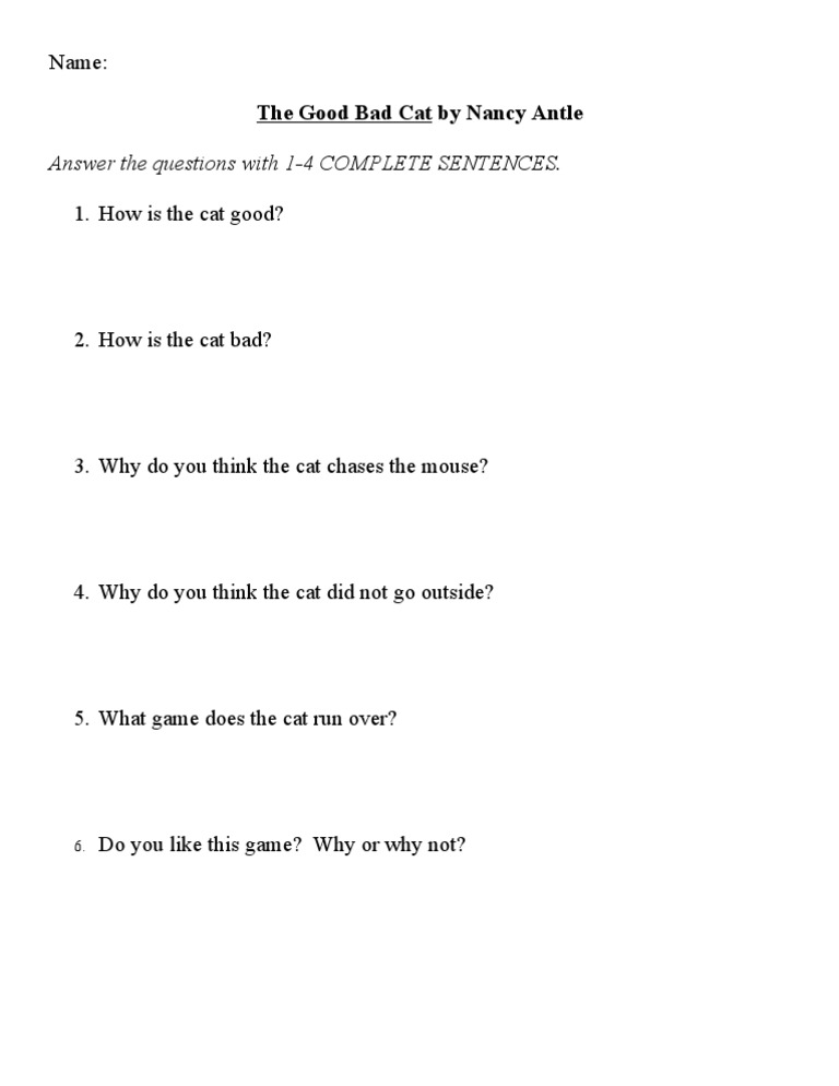 The Good Bad Cat: Discussion Questions | PDF | Sports & Recreation ...