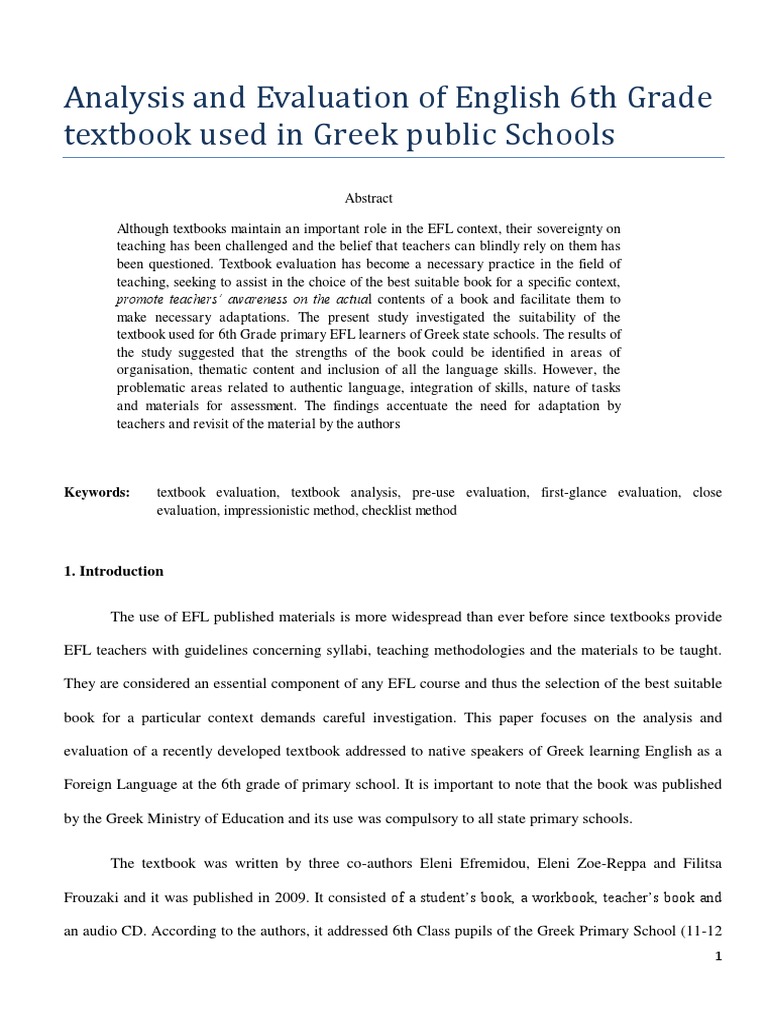 Analysis and Evaluation of English 6th Grade Textbook Used in Greek ...