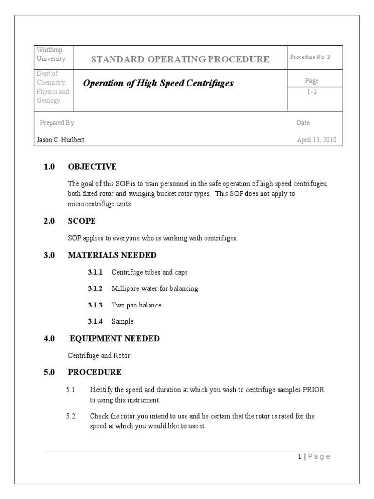 Standard Operating Procedure For Centrifuge Operation Centrifuge