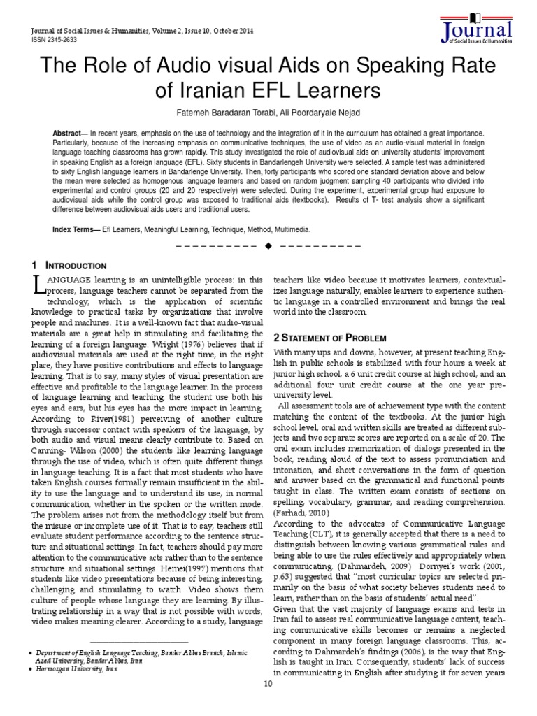 The Role of Audio Visual Aids On Speaking Rate of Iranian EFL Learners ...