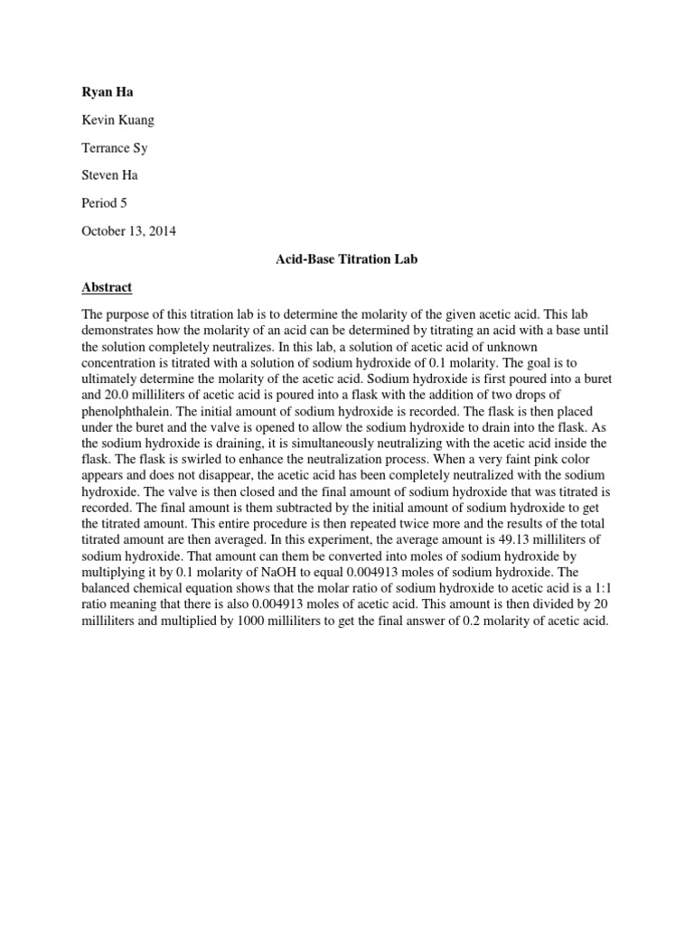 Acid Base Titration Lab Abstract