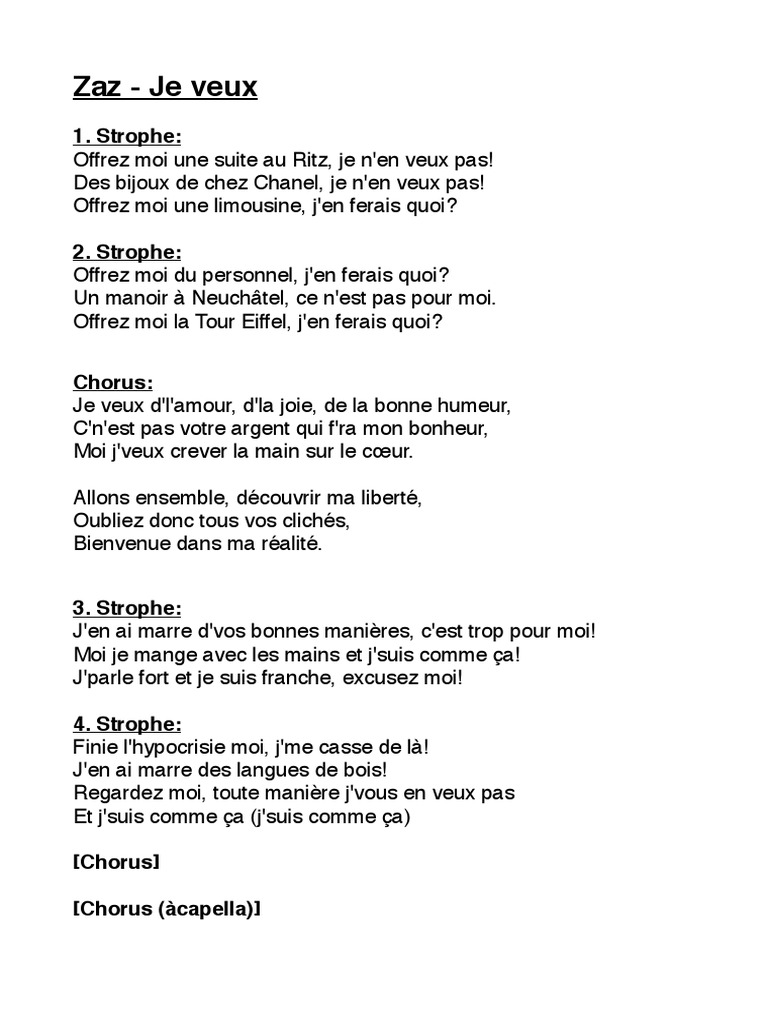 Je Veux Lyrics | PDF