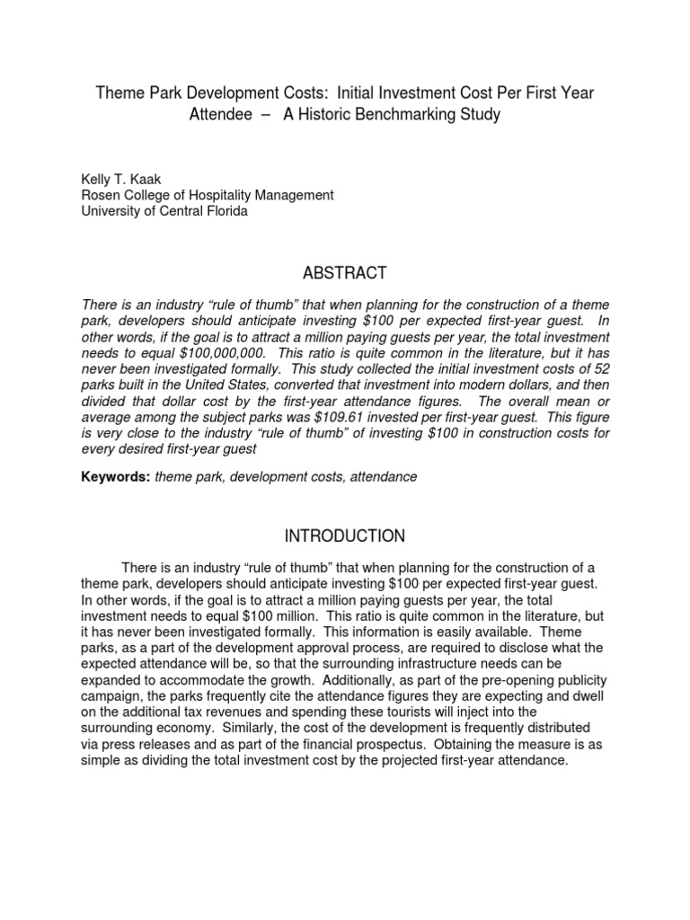 Theme Park Development Costs - Initial Investment Cost Per First Y | PDF