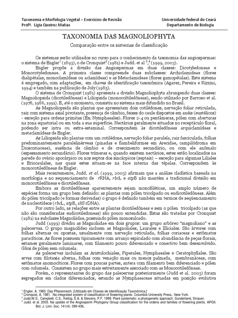 Taxonomia das Magnoliophyta e Classificações | PDF | Flores | Pólen
