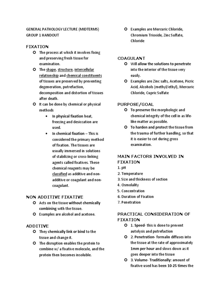 General Pathology Lecture Group 1 Handout PDF Fixation (Histology