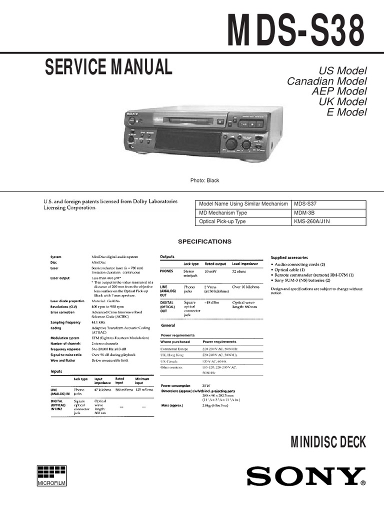 Sony MDS-S38 Service Manual | Telecommunications Engineering | Electronics