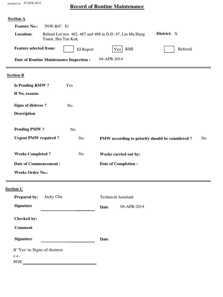 Routine Maintenance Inspection Record | PDF